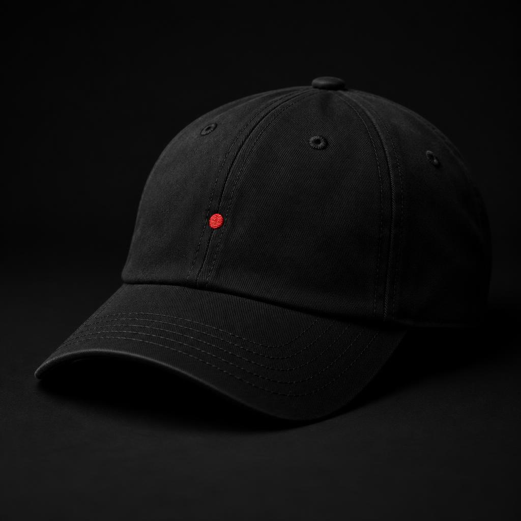 Black cap with a red embroidered dot