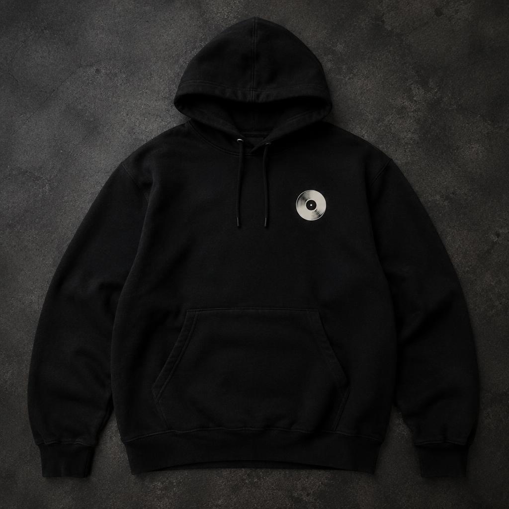 Black hoodie with a small record logo on the chest