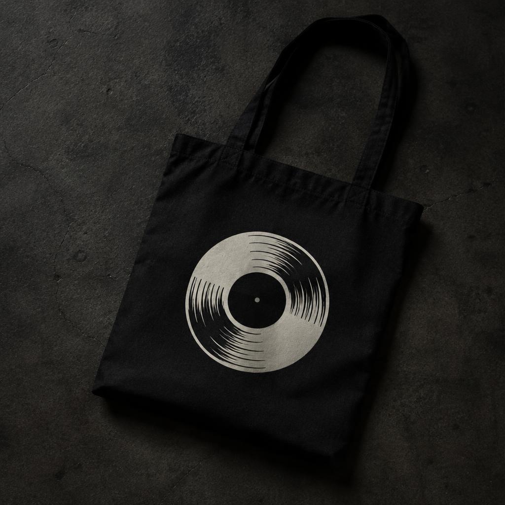Black tote bag with a vinyl record graphic
